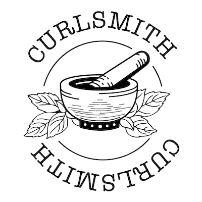 Black and white logo of a mortar and pestle surrounded by leaves, with "Curlsmith" written twice in a circular layout. Simple and herbal-themed